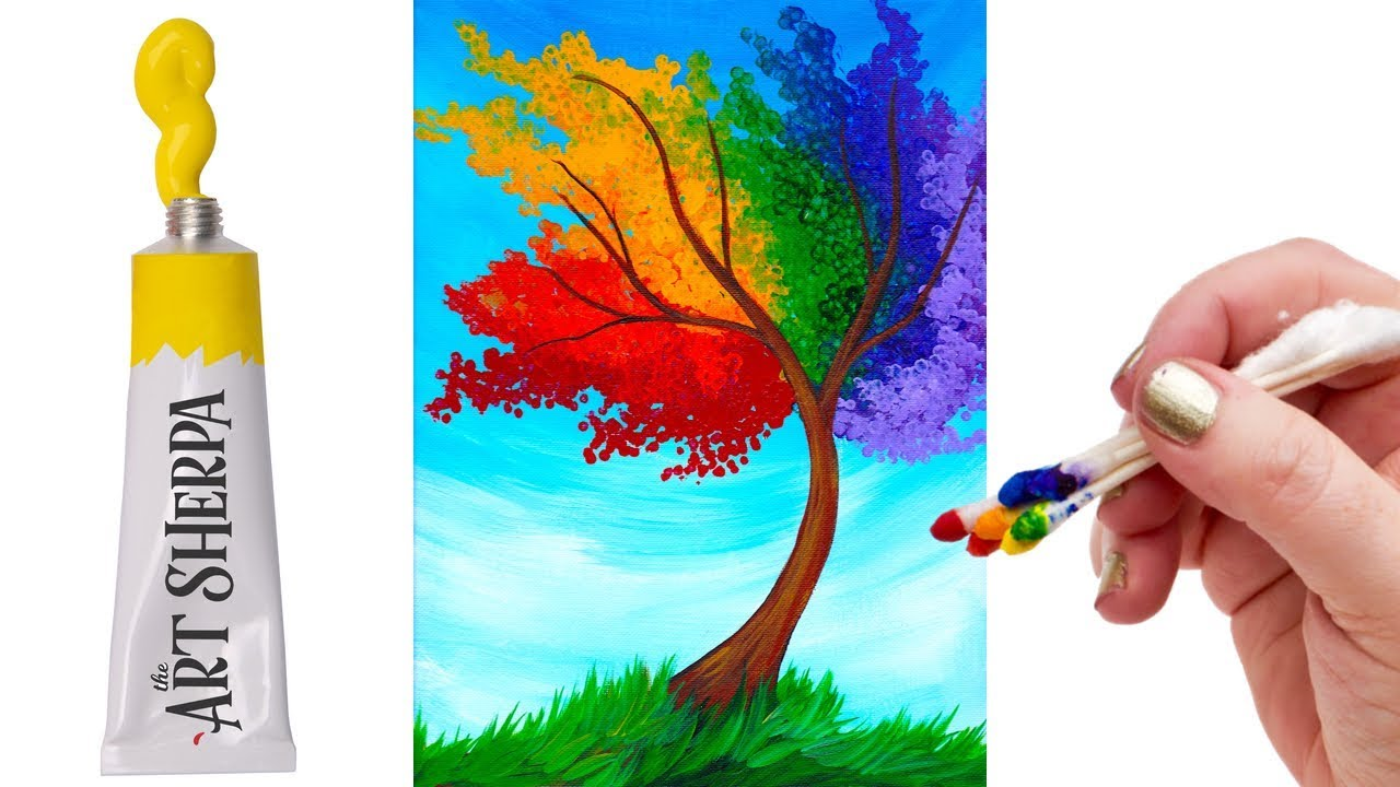 The Art Sherpa: EASY Rainbow Willow Tree Q Tip Acrylic Painting tutorial