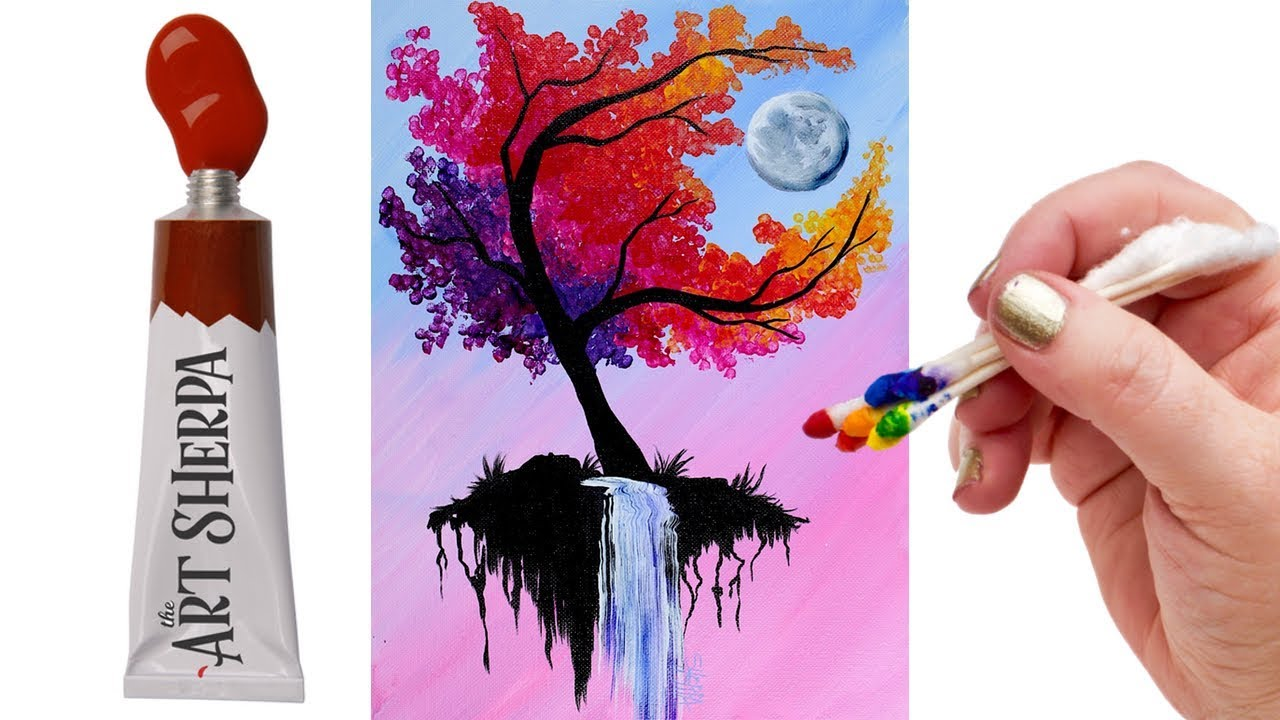 Thumbnail image for The Art Sherpa: EASY Autumn Tree with waterfall moon Q Tip Acrylic Painting tutorial